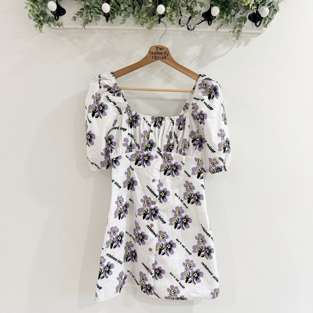 Reclaimed Vintage Off Shoulder Peasant Mini Dress Purple Floral Size 4 E4638